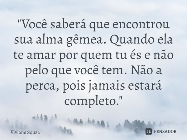 ⁠"Você saberá que encontrou sua alma gêmea. Quando ela te amar por quem tu és e não pelo que você tem. Não a perca, pois jamais estará completo."... Frase de Viviane Souza.