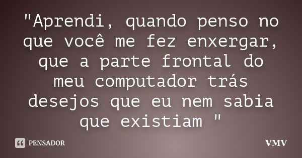 "Aprendi, quando penso no que você me fez enxergar, que a parte frontal do meu computador trás desejos que eu nem sabia que existiam "... Frase de VMV.