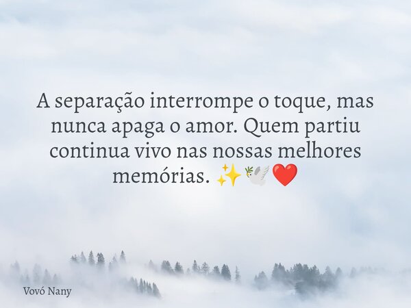 A separação interrompe o toque, mas nunca apaga o amor. Quem partiu continua vivo nas nossas melhores memórias. ✨🕊️❤️... Frase de Vovó Nany.