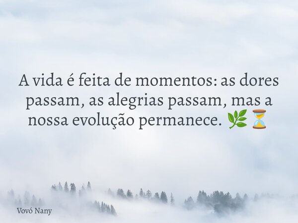 A vida é feita de momentos: as dores passam, as alegrias passam, mas a nossa evolução permanece. 🌿⏳... Frase de Vovó Nany.
