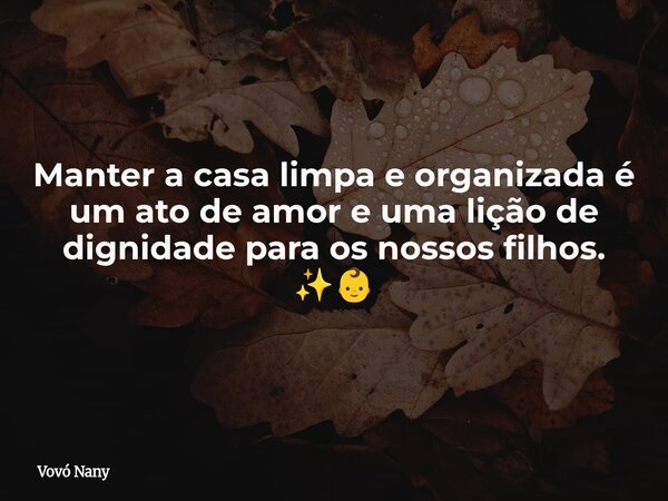 Manter a casa limpa e organizada é um ato de amor e uma lição de dignidade para os nossos filhos. ✨👶... Frase de Vovó Nany.