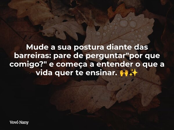 Mude a sua postura diante das barreiras: pare de perguntar "por que comigo?" e começa a entender o que a vida quer te ensinar. 🙌✨... Frase de Vovó Nany.