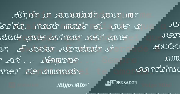 Hoje a saudade que me visita, nada mais é, que a verdade que ainda sei que existe. E essa verdade é uma só... Sempre continuarei te amando.... Frase de Vulgo Mini.