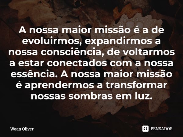⁠A nossa maior missão é a de evoluirmos, expandirmos a nossa consciência, de voltarmos a estar conectados com a nossa essência. A nossa maior missão é aprenderm... Frase de Waan Oliver.