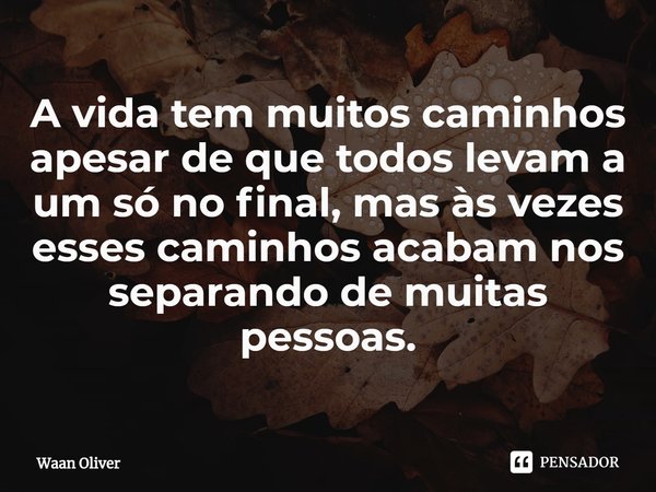 ⁠A vida tem muitos caminhos apesar de que todos levam a um só no final, mas às vezes esses caminhos acabam nos separando de muitas pessoas.... Frase de Waan Oliver.
