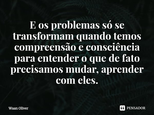 ⁠E os problemas só se transformam quando temos compreensão e consciência para entender o que de fato precisamos mudar, aprender com eles.... Frase de Waan Oliver.