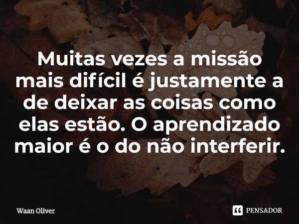 ⁠Muitas vezes a missão mais difícil é justamente a de deixar as coisas como elas estão. O aprendizado maior é o do não interferir.... Frase de Waan Oliver.