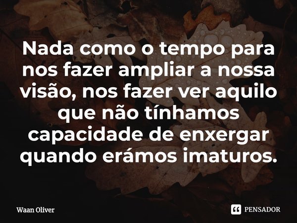 ⁠Nada como o tempo para nos fazer ampliar a nossa visão, nos fazer ver aquilo que não tínhamos capacidade de enxergar quando erámos imaturos.... Frase de Waan Oliver.