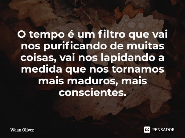 ⁠O tempo é um filtro que vai nos purificando de muitas coisas, vai nos lapidando a medida que nos tornamos mais maduros, mais conscientes.... Frase de Waan Oliver.