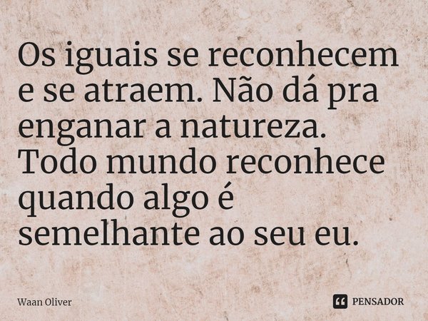 ⁠Os iguais se reconhecem e se atraem. Não dá pra enganar a natureza. Todo mundo reconhece quando algo é semelhante ao seu eu.... Frase de Waan Oliver.