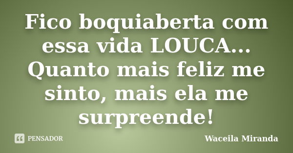 Fico boquiaberta com essa vida LOUCA... Quanto mais feliz me sinto, mais ela me surpreende!... Frase de Waceila Miranda.