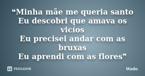 ❝Minha mãe me queria santo Eu descobri que amava os vicíos Eu precisei andar com as bruxas Eu aprendi com as flores❞... Frase de Wado.