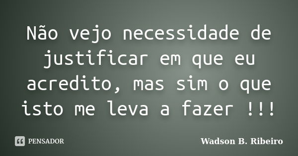 Não vejo necessidade de justificar em que eu acredito, mas sim o que isto me leva a fazer !!!... Frase de Wadson B.Ribeiro.