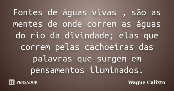 Fontes de águas vivas , são as mentes de onde correm as águas do rio da divindade; elas que correm pelas cachoeiras das palavras que surgem em pensamentos ilumi... Frase de Wagne Calixto.