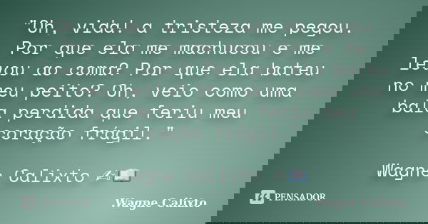 "Oh, vida! a tristeza me pegou. Por que ela me machucou e me levou ao coma? Por que ela bateu no meu peito? Oh, veio como uma bala perdida que feriu meu co... Frase de Wagne Calixto.