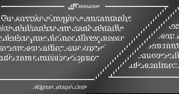 Teu sorriso é meigo e encantador, existe delicadeza em cada detalhe seu, a beleza que há nas flores posso encontrar em seu olhar, sua voz é suave e linda como m... Frase de Wagner Araujo Leite.