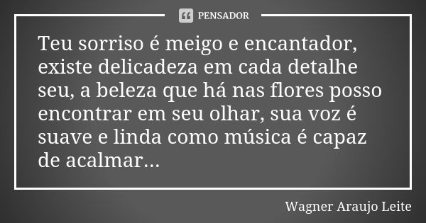 Teu sorriso é meigo e encantador, existe delicadeza em cada detalhe seu, a beleza que há nas flores posso encontrar em seu olhar, sua voz é suave e linda como m... Frase de Wagner Araujo Leite.