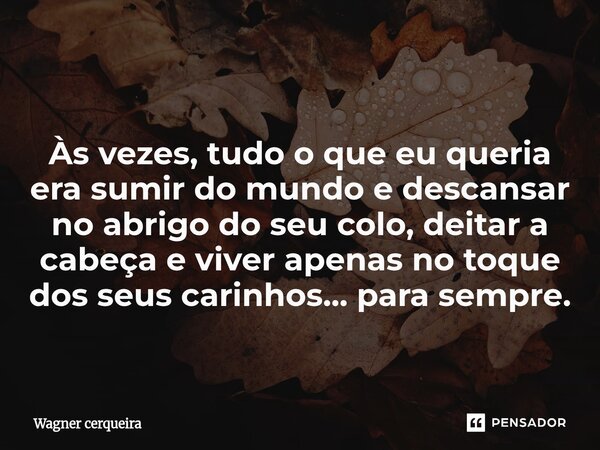 ⁠Às vezes, tudo o que eu queria era sumir do mundo e descansar no abrigo do seu colo, deitar a cabeça e viver apenas no toque dos seus carinhos... para sempre.... Frase de Wagner Cerqueira.