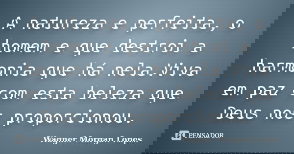 A natureza e perfeita, o homem e que destroi a harmonia que há nela.Viva em paz com esta beleza que Deus nos proporcionou.... Frase de Wagner Morgan Lopes.