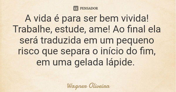 A vida é para ser bem vivida! Trabalhe, estude, ame! Ao final ela será traduzida em um pequeno risco que separa o início do fim, em uma gelada lápide.... Frase de Wagner Oliveira.