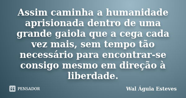 Assim caminha a humanidade aprisionada dentro de uma grande gaiola que a cega cada vez mais, sem tempo tão necessário para encontrar-se consigo mesmo em direção... Frase de Wal Águia Esteves.