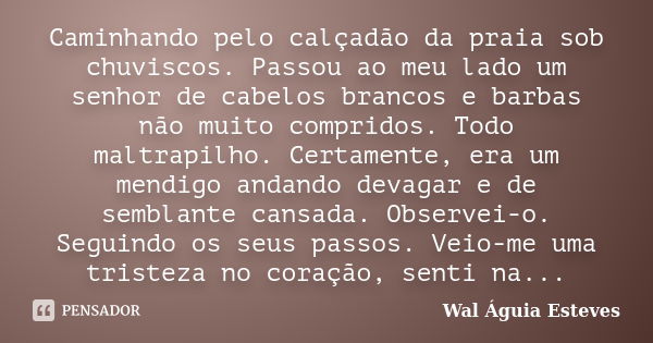 Caminhando pelo calçadão da praia sob chuviscos. Passou ao meu lado um senhor de cabelos brancos e barbas não muito compridos. Todo maltrapilho. Certamente, era... Frase de Wal Águia Esteves.