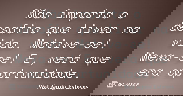 Não importa o desafio que tiver na vida. Motive-se! Mexa-se! E, verá que era oportunidade.... Frase de Wal Águia Esteves.