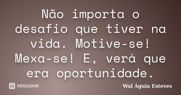 Não importa o desafio que tiver na vida. Motive-se! Mexa-se! E, verá que era oportunidade.... Frase de Wal Águia Esteves.