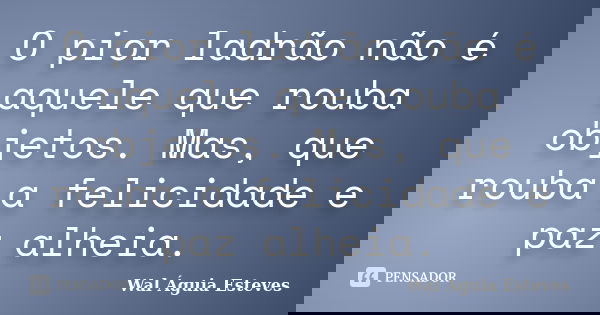 O pior ladrão não é aquele que rouba objetos. Mas, que rouba a felicidade e paz alheia.... Frase de Wal Águia Esteves.
