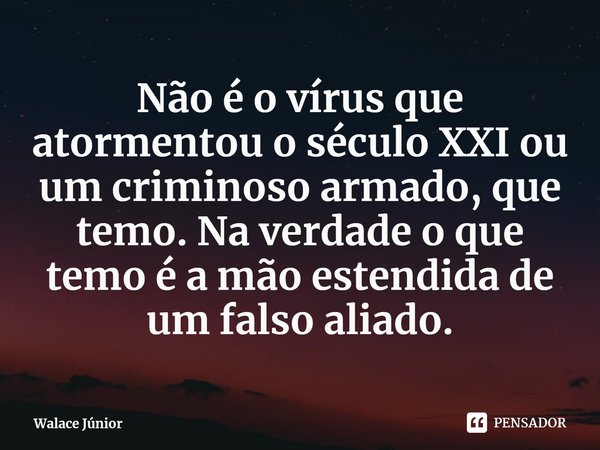 ⁠Não é o vírus que atormentou o século XXI ou um criminoso armado, que temo. Na verdade o que temo é a mão estendida de um falso aliado.... Frase de Walace Júnior.