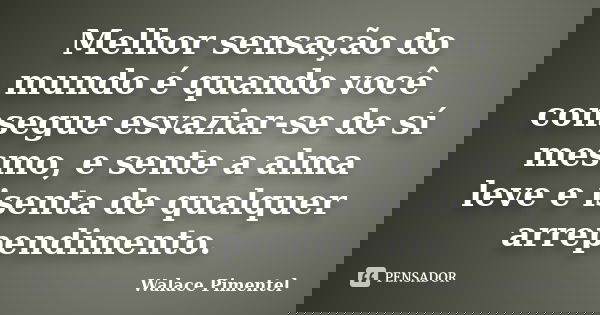 Melhor sensação do mundo é quando você consegue esvaziar-se de sí mesmo, e sente a alma leve e isenta de qualquer arrependimento.... Frase de Walace Pimentel.