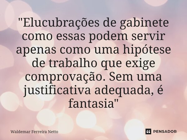 "⁠Elucubrações de gabinete como essas podem servir apenas como uma hipótese de trabalho que exige comprovação. Sem uma justificativa adequada, é fantasia&q... Frase de Waldemar Ferreira Netto.