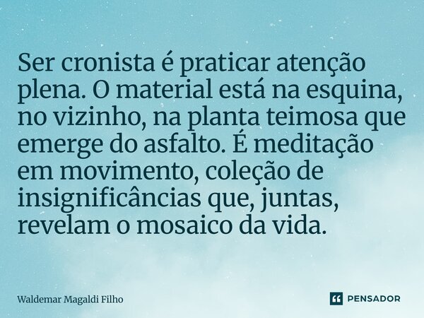 Ser cronista é praticar atenção plena. O material está na esquina, no vizinho, na planta teimosa que emerge do asfalto. É meditação em movimento, coleção de ins... Frase de Waldemar Magaldi Filho.