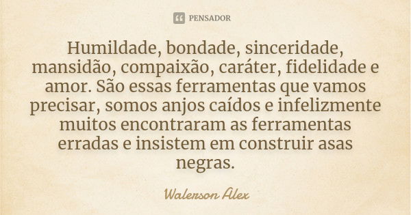 Humildade, bondade, sinceridade, mansidão, compaixão, caráter, fidelidade e amor. São essas ferramentas que vamos precisar, somos anjos caídos e infelizmente mu... Frase de Walerson Alex.