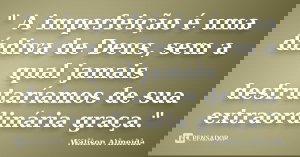 " A imperfeição é uma dádiva de Deus, sem a qual jamais desfrutaríamos de sua extraordinária graça."... Frase de Walison Almeida.