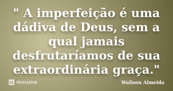 " A imperfeição é uma dádiva de Deus, sem a qual jamais desfrutaríamos de sua extraordinária graça."... Frase de Walison Almeida.