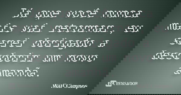 Já que você nunca mais vai retornar, eu serei obrigado a descobrir um novo amanhã.... Frase de Wall Campos.