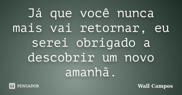 Já que você nunca mais vai retornar, eu serei obrigado a descobrir um novo amanhã.... Frase de Wall Campos.