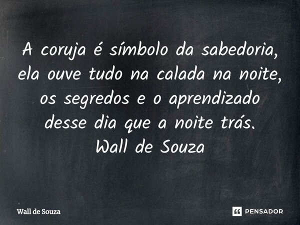 ⁠A coruja é símbolo da sabedoria, ela ouve tudo na calada na noite, os segredos e o aprendizado desse dia que a noite trás. Wall de Souza... Frase de Wall de Souza.