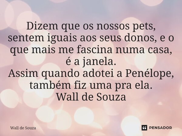 ⁠Dizem que os nossos pets, sentem iguais aos seus donos, e o que mais me fascina numa casa, é a janela. Assim quando adotei a Penélope, também fiz uma pra ela. ... Frase de Wall de Souza.