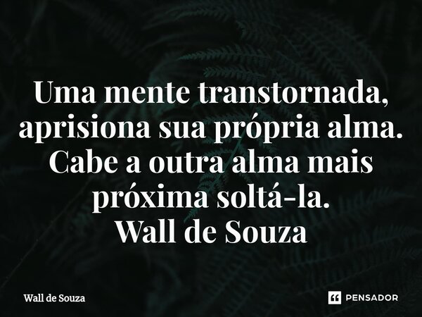 ⁠Uma mente transtornada, aprisiona sua própria alma. Cabe a outra alma mais próxima soltá-la. Wall de Souza... Frase de Wall de Souza.