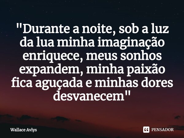 ⁠"Durante a noite, sob a luz da lua minha imaginação enriquece, meus sonhos expandem, minha paixão fica aguçada e minhas dores desvanecem"... Frase de Wallace Avlys.