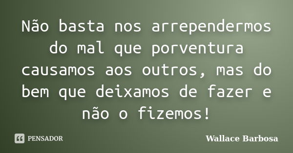 Não basta nos arrependermos do mal que porventura causamos aos outros, mas do bem que deixamos de fazer e não o fizemos!... Frase de Wallace Barbosa.