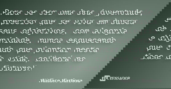 Para se ter uma boa juventude, é preciso que se viva em busca de seus objetivos, com alegria e dignidade, nunca esquecendo que tudo que plantar nesta fase da vi... Frase de Wallace Barbosa.