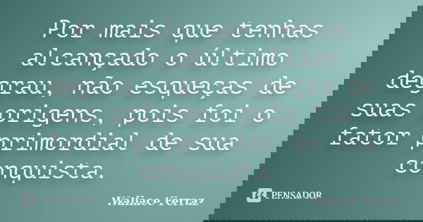 Por mais que tenhas alcançado o último degrau, não esqueças de suas origens, pois foi o fator primordial de sua conquista.... Frase de Wallace Ferraz.
