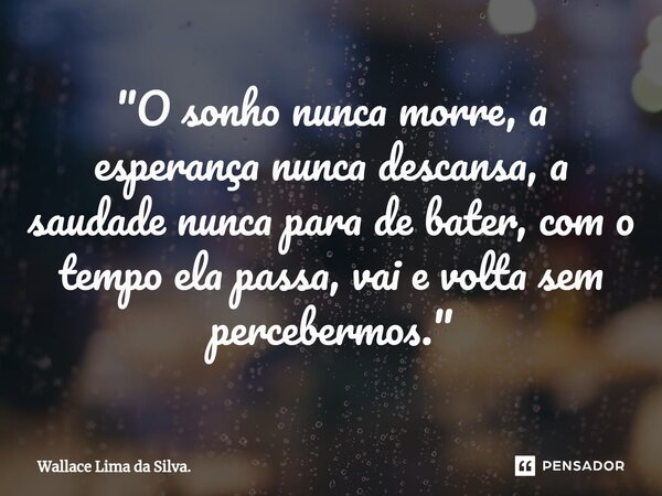 "⁠O sonho nunca morre, a esperança nunca descansa, a saudade nunca para de bater, com o tempo ela passa, vai e volta sem percebermos."... Frase de Wallace Lima da Silva..