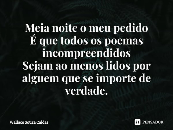 ⁠Meia noite o meu pedido
É que todos os poemas incompreendidos
Sejam ao menos lidos por alguem que se importe de verdade.... Frase de Wallace Souza Caldas.
