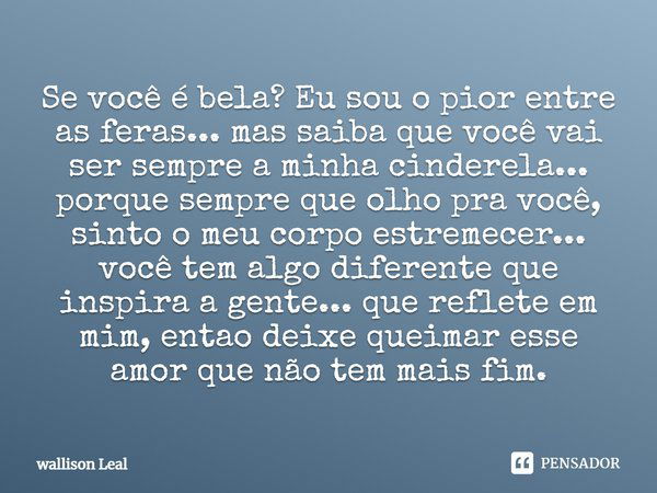 Se você é bela? Eu sou o pior entre as feras... mas saiba que você vai ser sempre a minha cinderela... porque sempre que olho pra você, sinto o meu corpo estrem... Frase de wallison Leal.