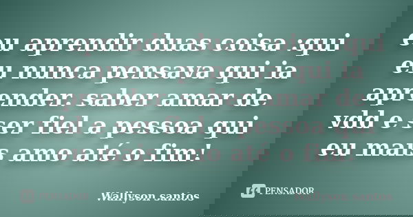 eu aprendir duas coisa :qui eu nunca pensava qui ia aprender. saber amar de vdd e ser fiel a pessoa qui eu mais amo até o fim!... Frase de wallyson santos.