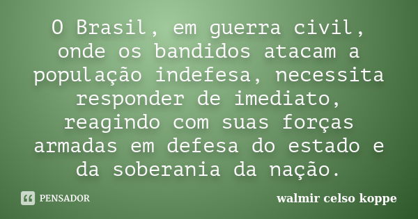 O Brasil, em guerra civil, onde os bandidos atacam a população indefesa, necessita responder de imediato, reagindo com suas forças armadas em defesa do estado e... Frase de Walmir celso koppe.